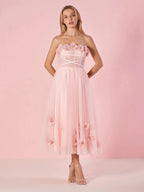 Pandora |Light Pink Princess Strapless Prom Dress with Flowers