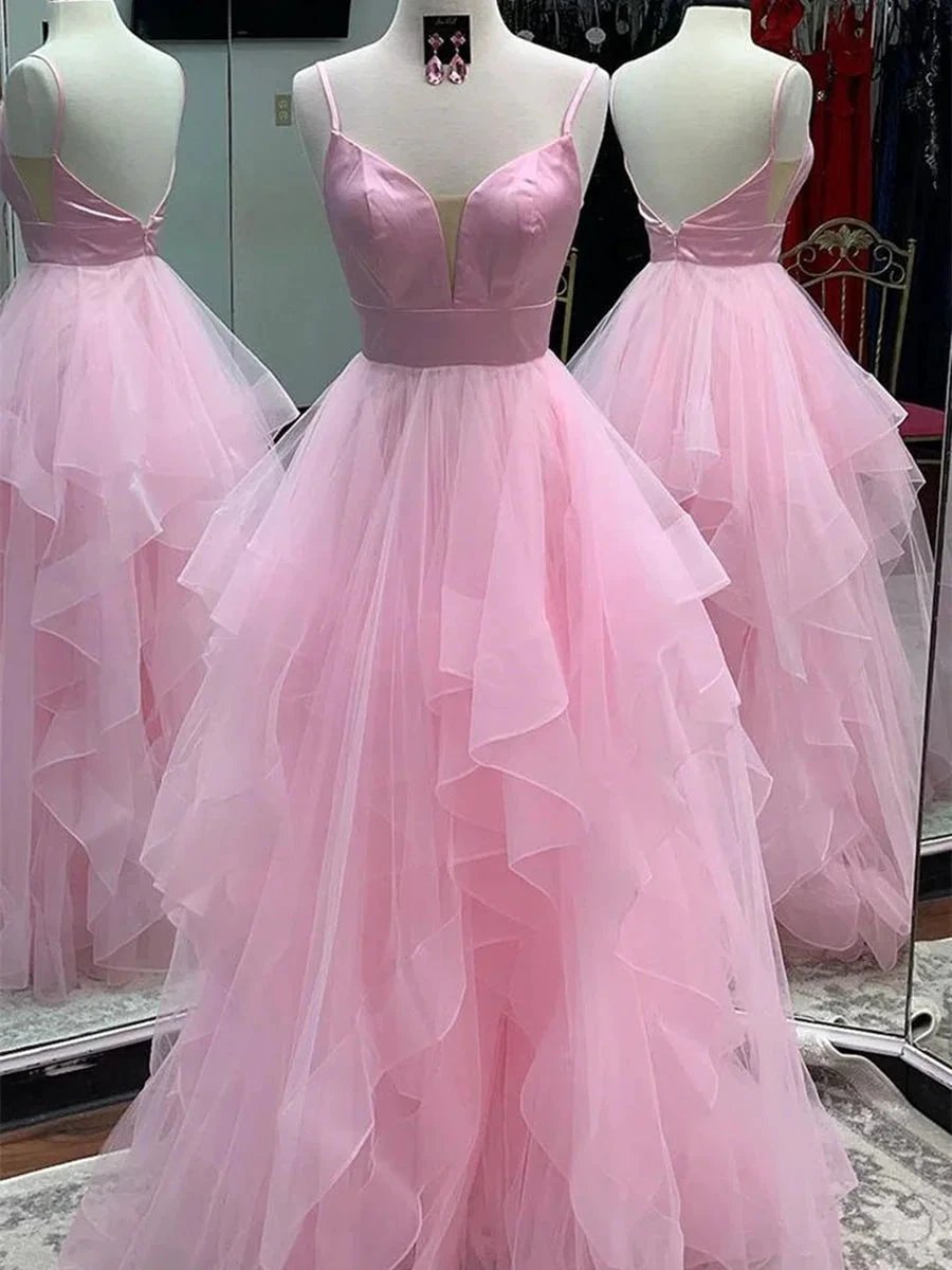 Princess V Neck Backless Long Fluffy Tulle Prom Dresses Backless Formal Evening Gowns