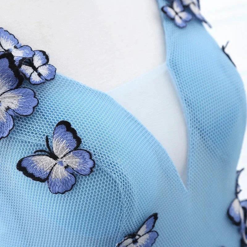 Princess V Neck Chapel Train Chiffon Sky Blue Prom Dresses With Butterfly Applique