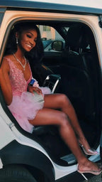 Cute V Neck Pink Short Homecoming Dress and Bottom Tulle Ruffles Pink Birthday Outfit Dress F1069