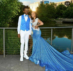 Blue Sequins Long Evening Dress With Train Sexy Prom Gown For Black Girls Y846