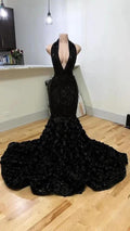 Black Halter Neck Mermaid Evening Dress With 3D Flower Sexy Formal Gown Y982