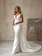 Simple Elegant Satin Mermaid Wedding Dress Detachable Bowknot Overskirt 2025 Bow Bridal GownPlus Size