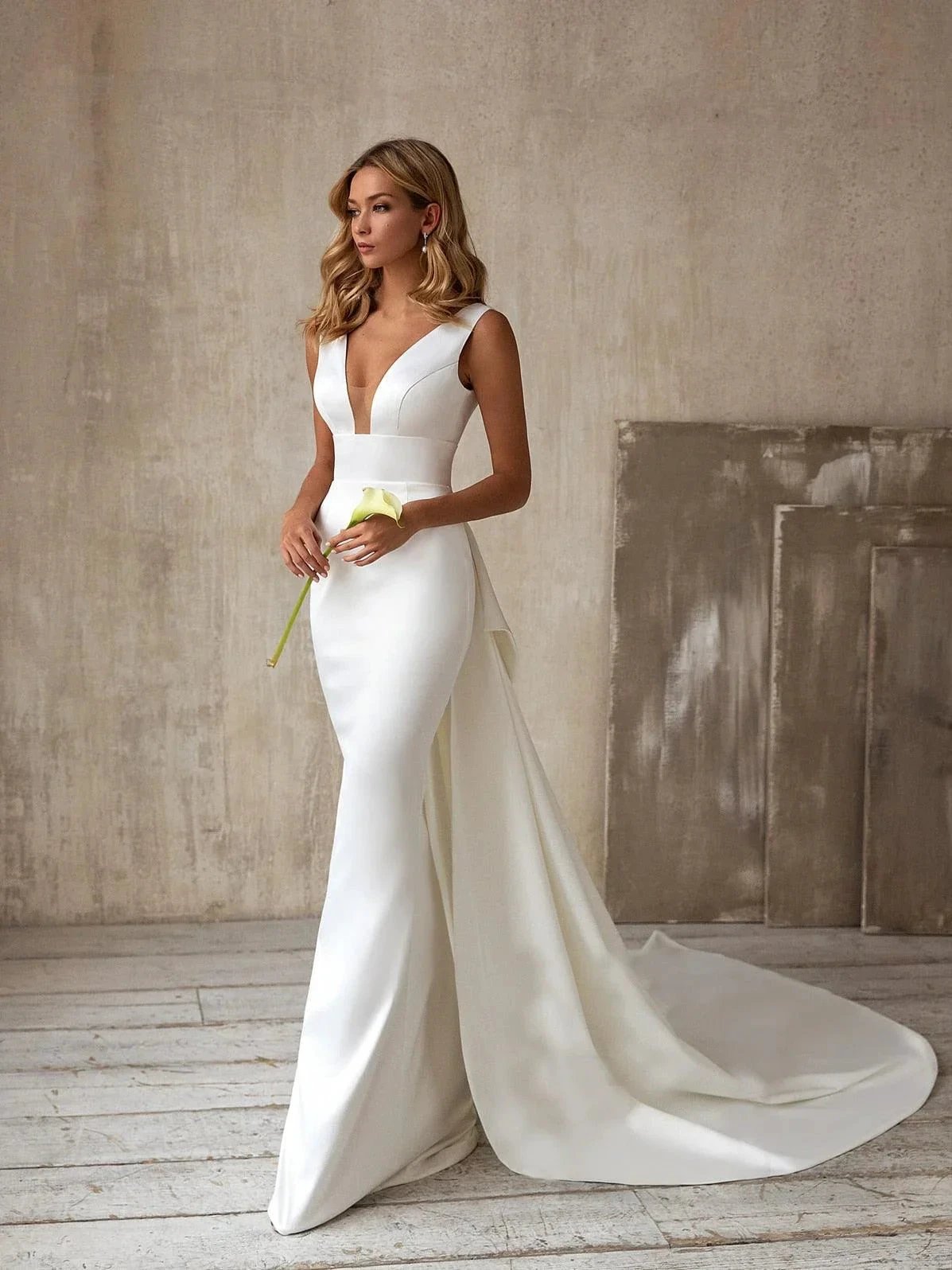 Simple Elegant Satin Mermaid Wedding Dress Detachable Bowknot Overskirt 2025 Bow Bridal GownPlus Size