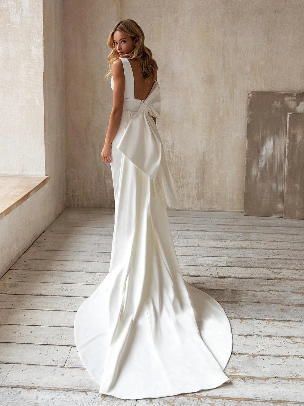 Simple Elegant Satin Mermaid Wedding Dress Detachable Bowknot Overskirt 2025 Bow Bridal GownPlus Size