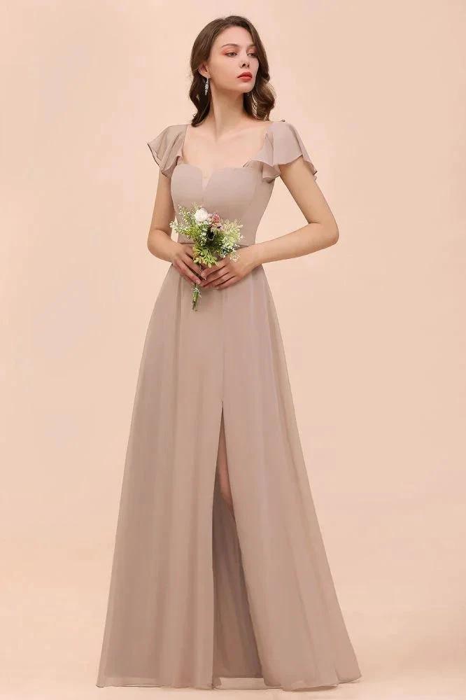 Puff Sleeve Khaki Bridesmaid Dress Side Spolit Maid of honor dress