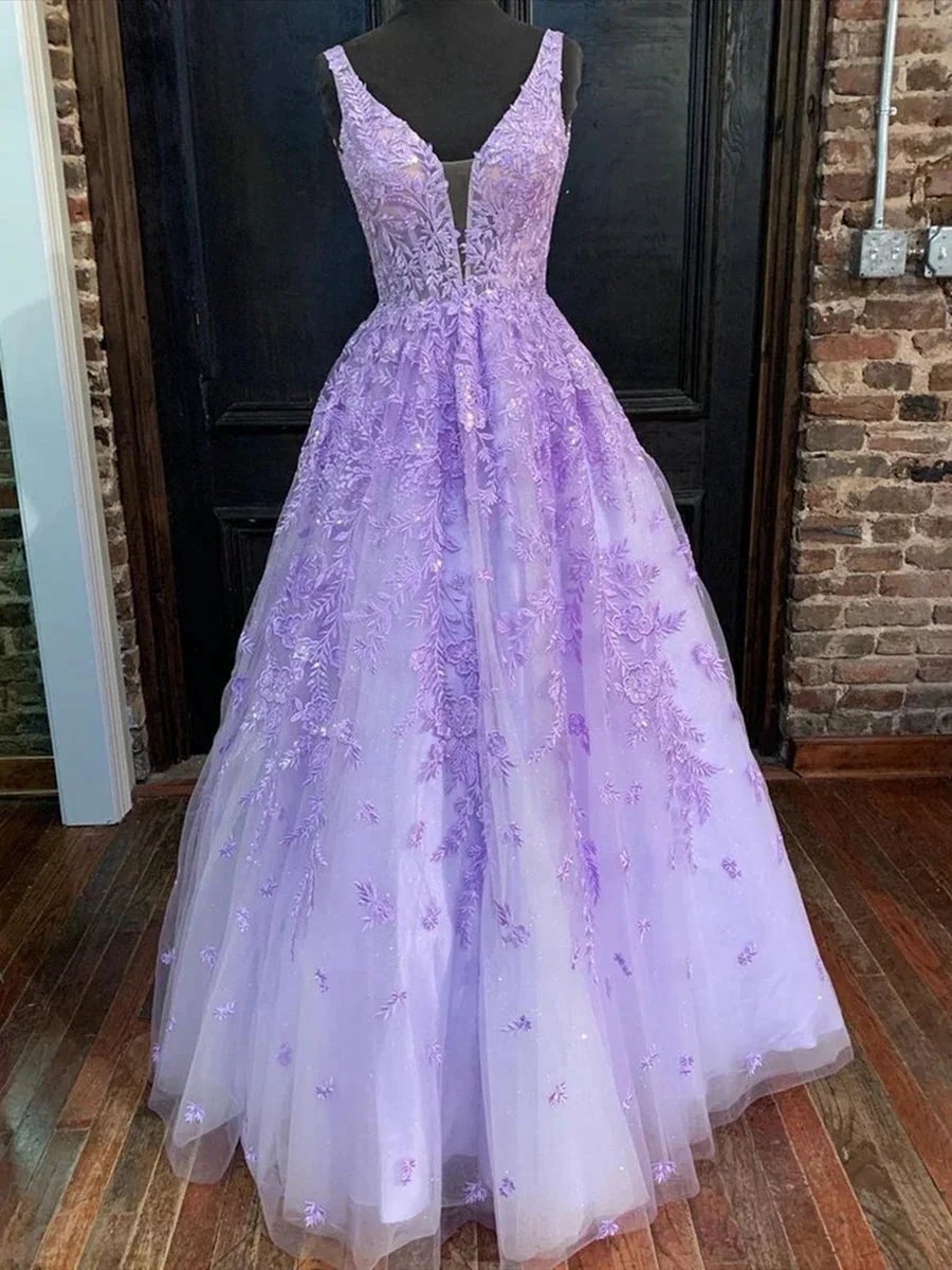Purple Long A-line V Neck Tulle Lace Prom Formal Graduation Evening Dresses