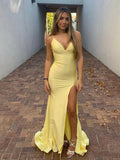 Quinlee | Yellow V Neck Satin Mermaid Long Prom Dress With Split