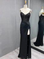 Rafenild | Green V Neck Beading Satin Long Slit Prom Dresses