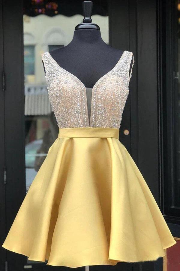 Red Beaded Satin Homecoming Dresses with Pocket Short Prom Dresses PD290