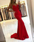 Red Long Mermaid V-neck Spaghetti Straps Backless Prom Dresses