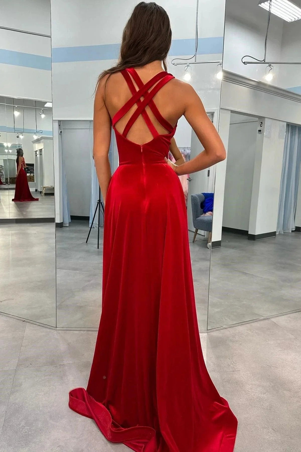 Rylan| Red Velvet Plunge V Cross Back A-Line Long Formal Dress