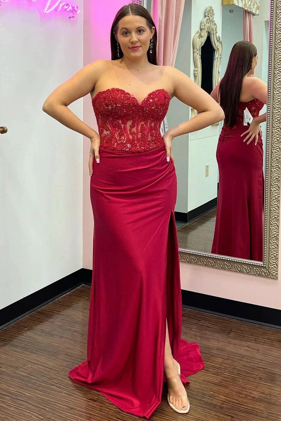 Ember | Sweetheart Corset Lace Hot Pink Long Prom Dress with Slit
