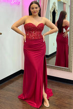 Ember | Sweetheart Corset Lace Hot Pink Long Prom Dress with Slit