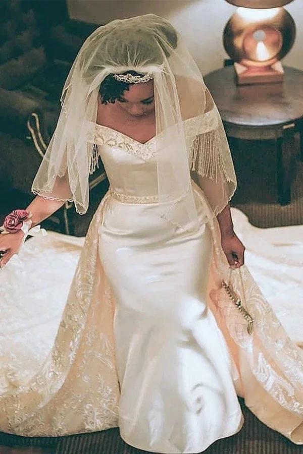 Retro Off-the-Shoulder Mermaid Wedding Dress with Overskirt