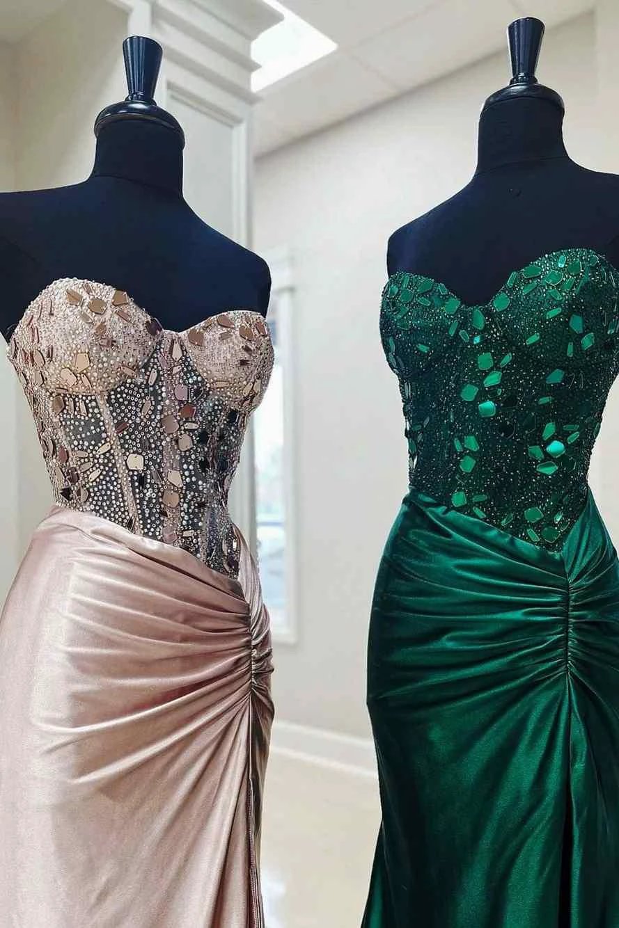 Rodina | Cut Glass Mirror Rhinestone Corset Long Evening Dress with Slit