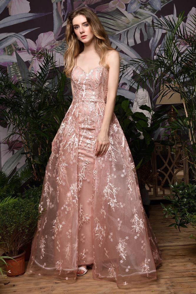 Romantic Straps Aline Evening Dress with Detachable Train Sleeveless Floor Length