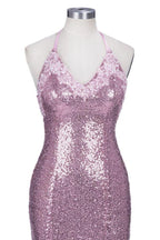 Rose Pink Sequins Mermaid Long Spaghetti Straps V-neck Prom Dresses