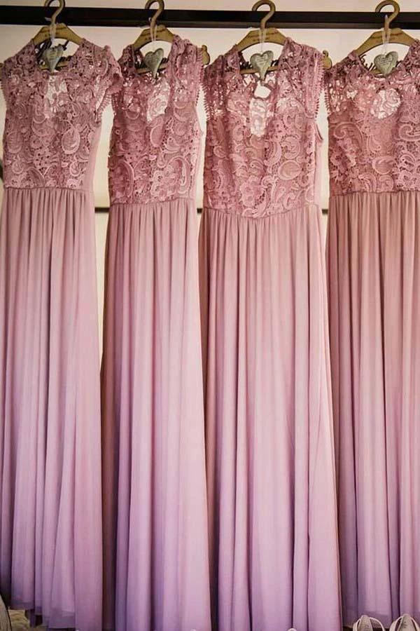 Round Neck Cap Sleeves  Chiffon Bridesmaid Dress with Lace BD050