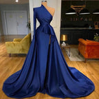 Royal Blue Long Sleeves One Shoulder A-line Split Prom Dresses