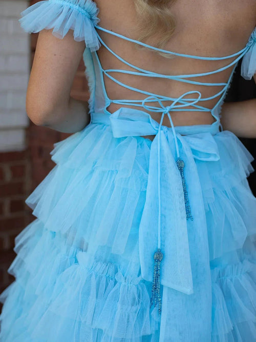 Adalynn | Royal Blue Off the Shoulder Ruffle Tiered Tulle Long Prom Dresses with Slit