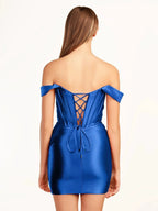 Fuchsia Sheath Off the Shoulder Short Satin Homecoming Dress
