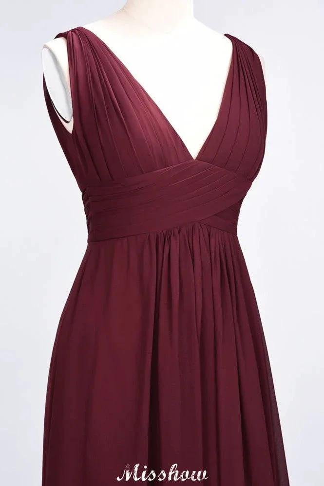 Ruffle Chiffon Sleeveless Evening Maxi Gown V-Neck Bridesmaid Dress
