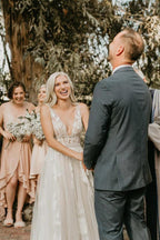 See Through Lace Ivory Tulle V-neck V-back Beach Wedding Dresses WD419