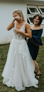 See Through Lace Ivory Tulle V-neck V-back Beach Wedding Dresses WD419