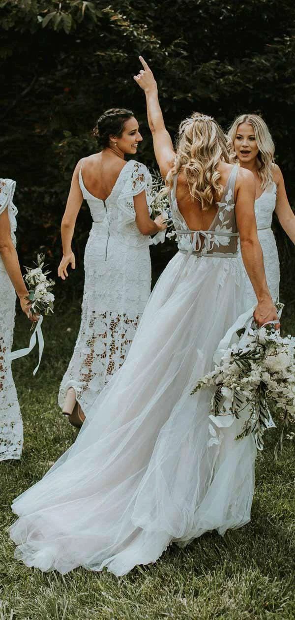 See Through Lace Ivory Tulle V-neck V-back Beach Wedding Dresses WD419