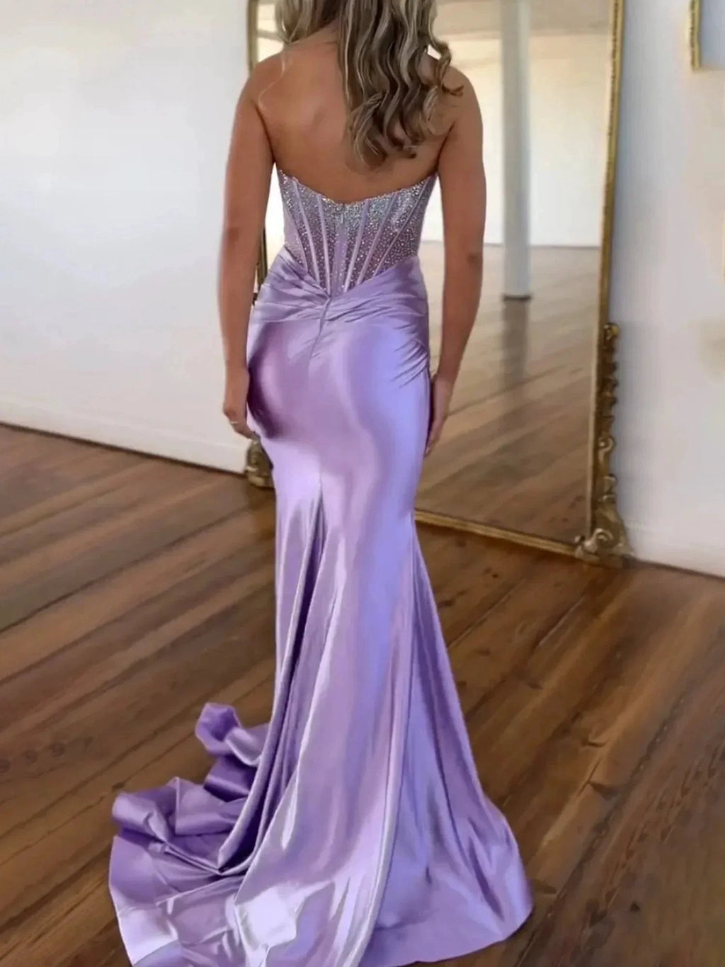 Serin | Purple Strapless Mermaid Satin Long Prom Dress With Beading