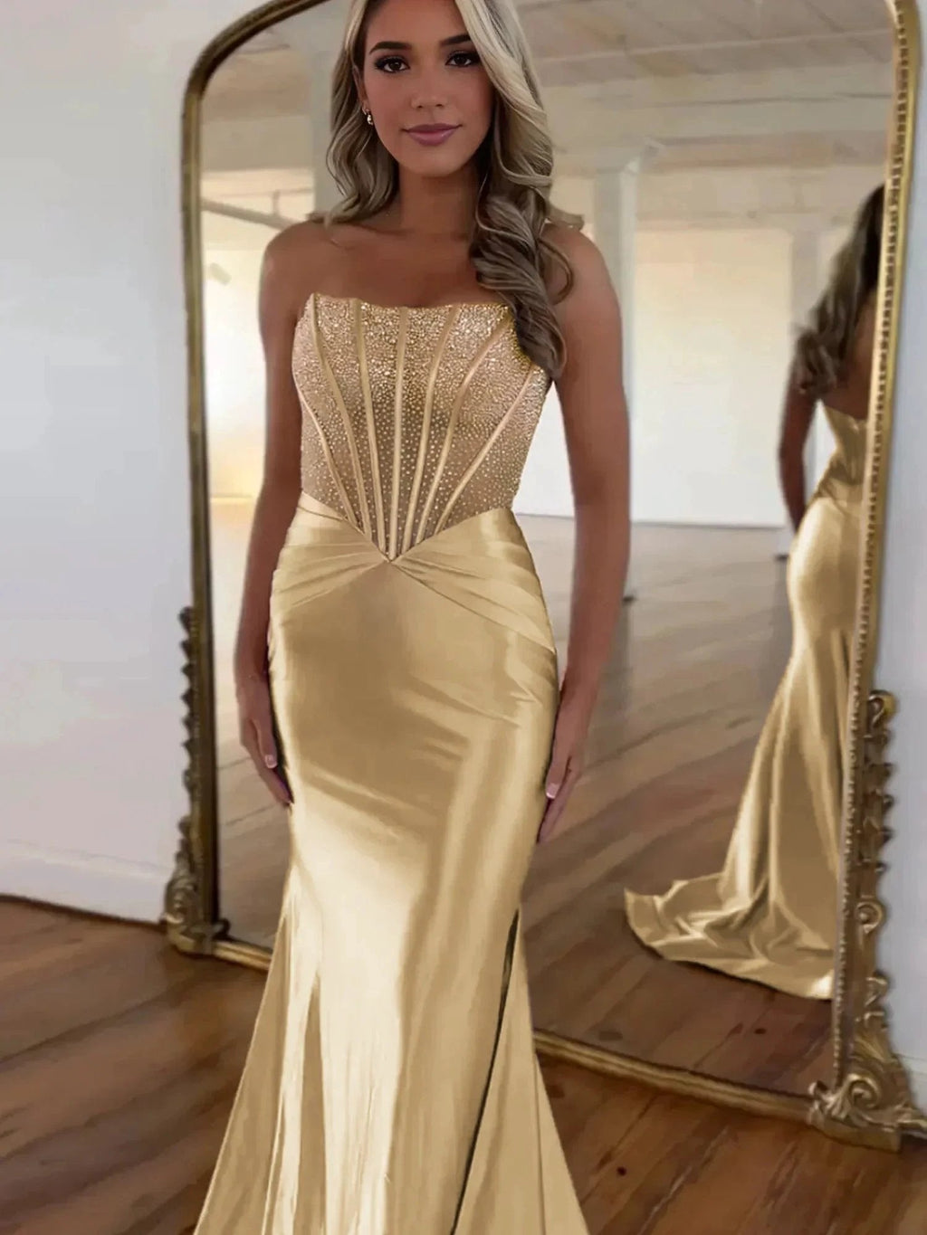 Serin | Purple Strapless Mermaid Satin Long Prom Dress With Beading