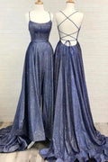 Sexy A-line Bright Silk Open Back Long Prom Dress with Slit