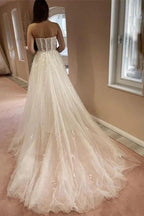 Sexy A-line Long Glitter Lace Sleeveless Wedding Dresses With Slit