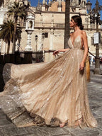 Sexy A Line V Neck Backless Long Sparkling Formal Prom Dresses