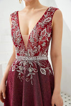 Sexy Deep V-Neck aline Evening Dress Sleeveless Crystals Floor Length Prom Dress quincenera Dress