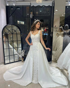 Sexy Floor Length Sweetheart Traps Sleeveless Mermaid Lace Weddding Dress with Court Train