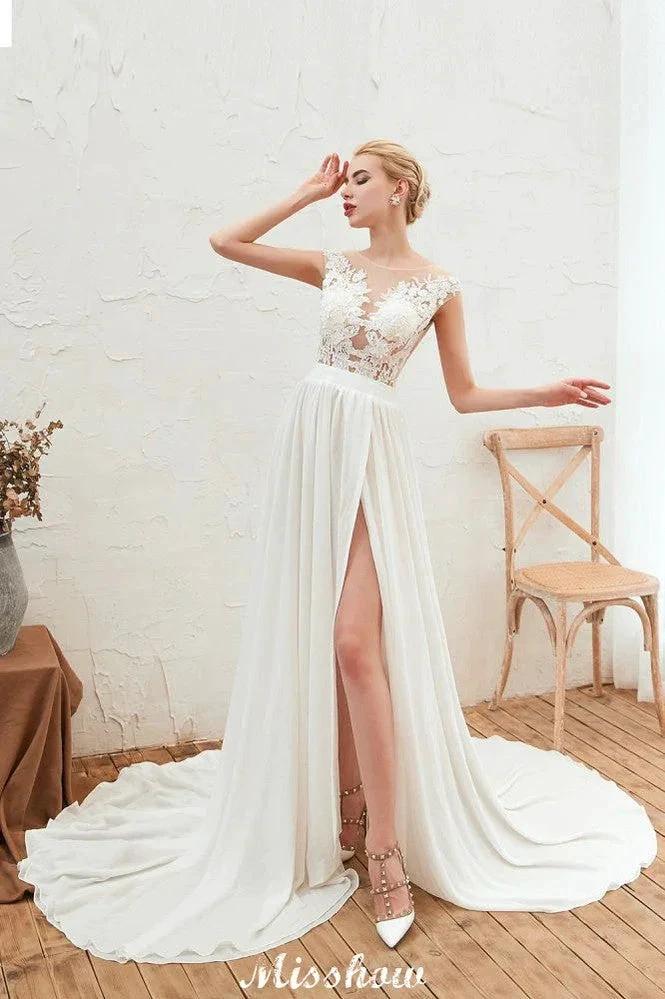 Sexy High Split Cap Sleeve Wedding Dress Sheer Back Ivory Lace Bridal Gown