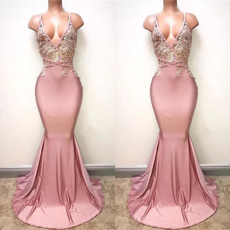 Sexy Lace-Appliques Sleeveless Mermaid Spaghettis-Strap Evening Gowns