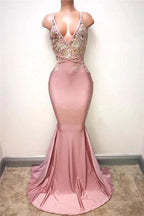 Sexy Lace-Appliques Sleeveless Mermaid Spaghettis-Strap Evening Gowns