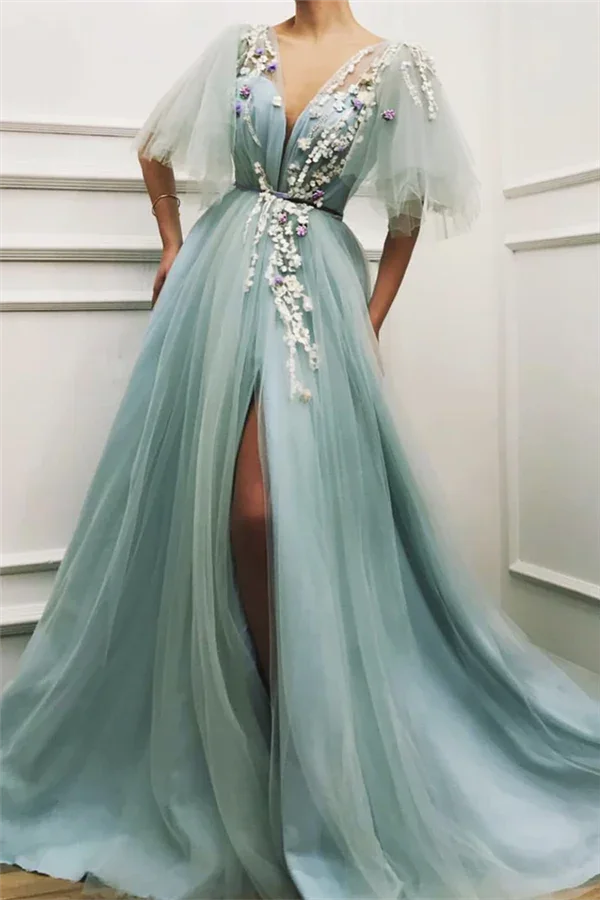Sexy Long A-line Deep V Neck Tulle Front Slit Prom Dress with Sleeves