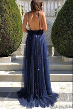 Sexy Long A-line V-neck Open Back Tulle Sequins Prom Dress