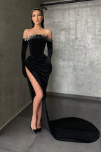 Sexy Long Black Off-the-shoulder Long Sleeves Mermaid Prom Dress With Slit