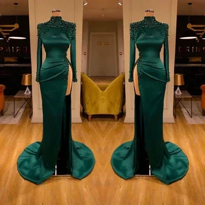 Sexy Long Dark Green High Neck Long Sleeves Beading Prom Dress With Slit