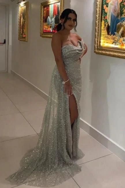 Sexy Long Glitter Sleeveless Evening Dresses Prom Dresses With Slit