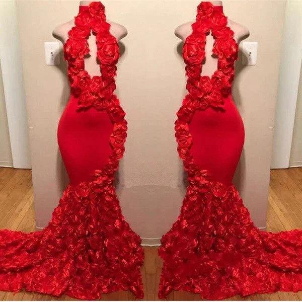 Sexy Long Mermaid Flowers High Neck Red Prom Dresses