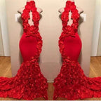 Sexy Long Mermaid Flowers High Neck Red Prom Dresses