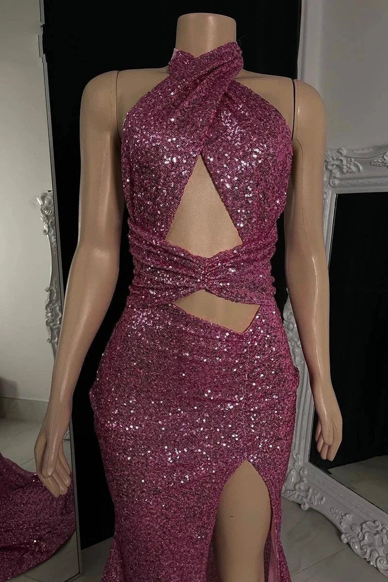 Sexy Long Mermaid High Neck Sequined Sleeveless Prom Dress With Slit