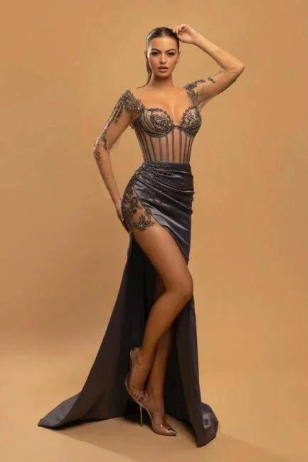 Sexy Long Mermaid Lace Evening Dresses With Long Sleeves