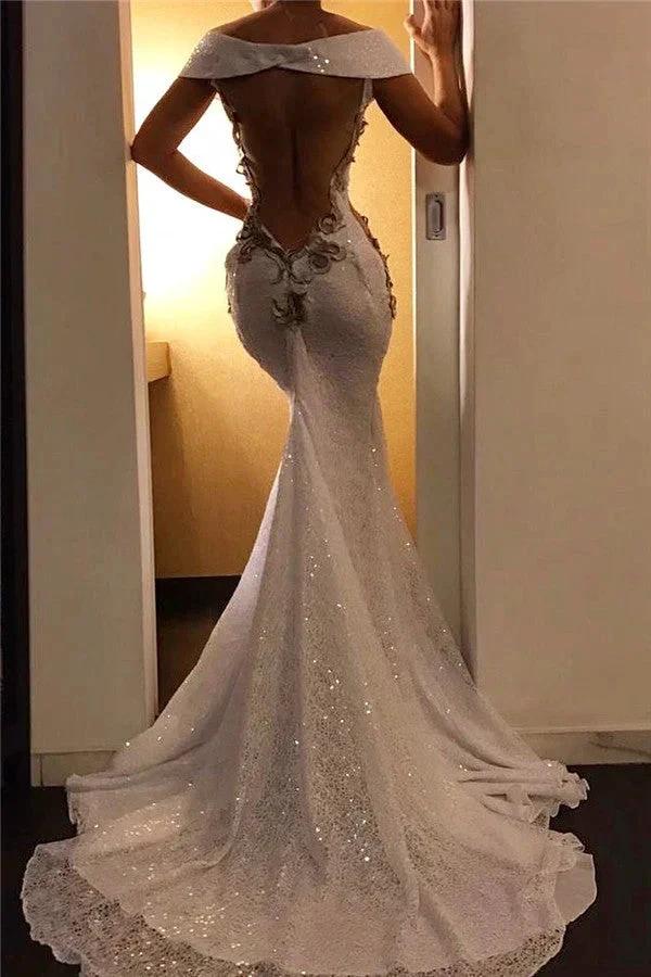 Sexy Long Mermaid Off-the-shoulder Backless Evening Dresses with Cap Sleeves